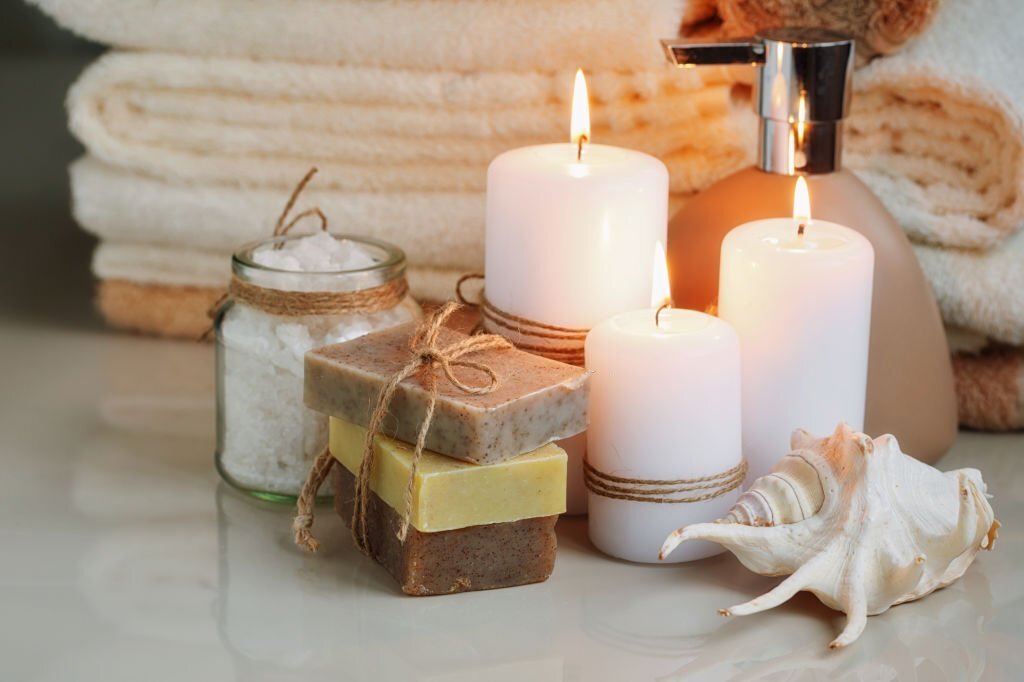 Composition of spa treatment with homemade soap. Spa concept.